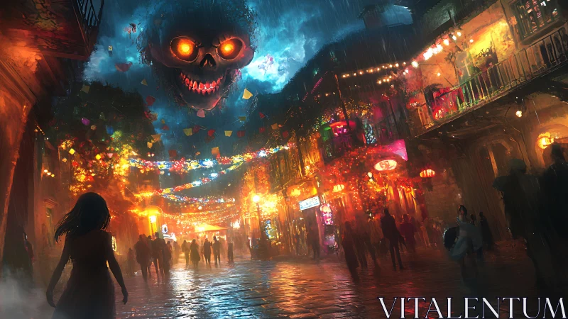 Giant fiery skull looms over neon soaked festival street.