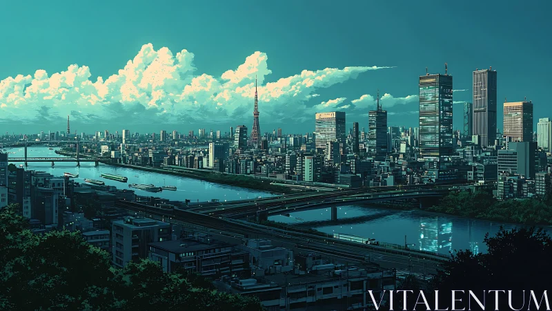 High-rise riverfront cityscape under teal evening sky.