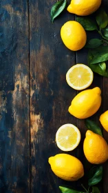 Fresh whole and sliced lemons line rustic dark wooden board.