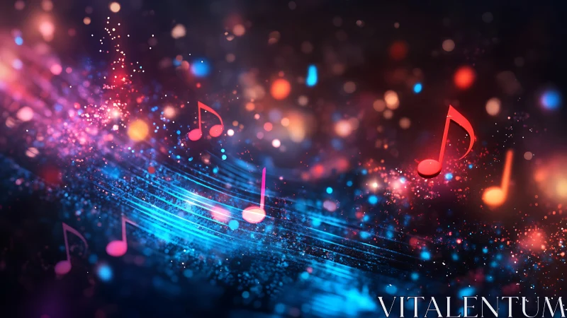 Vibrant music notes swirl through neon cosmic light field.