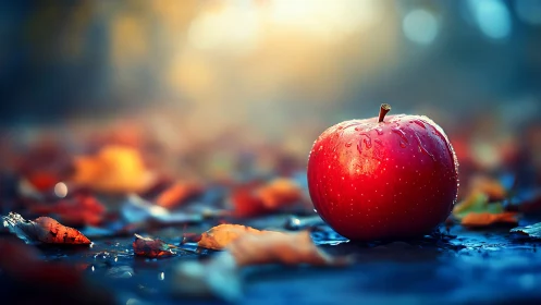 Red apple resting on wet ground among soft autumn leaves.