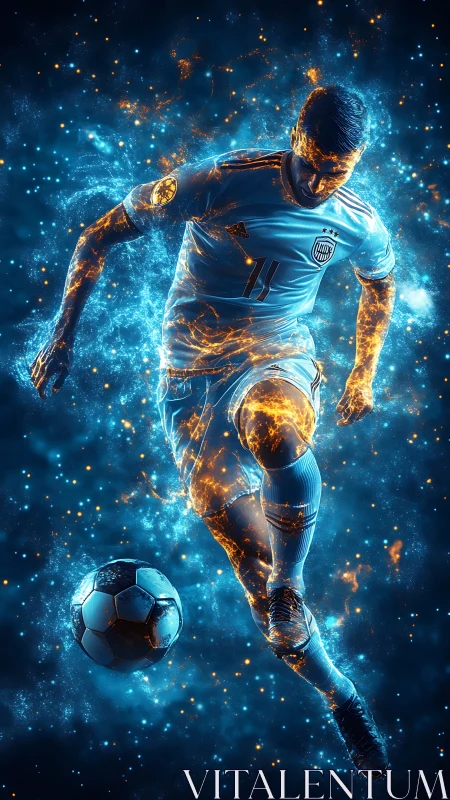 Digital soccer figure with blue and orange energy effects.