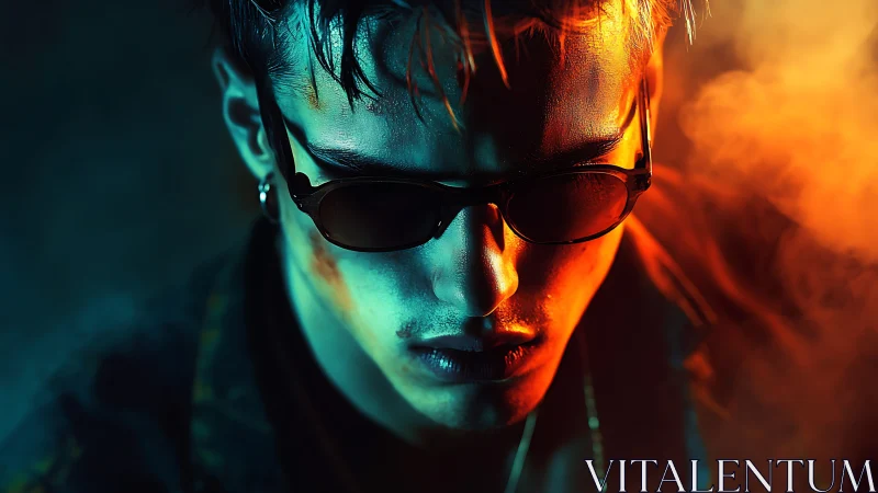 Close portrait shows male subject in bifurcated colored light