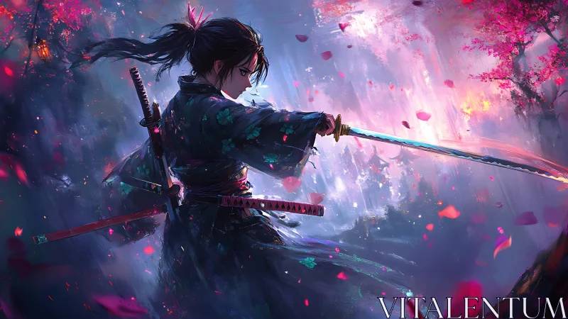 Lone samurai readies a glowing blade in ethereal cherry dusk