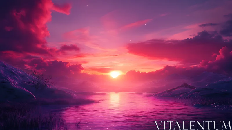 Spectral twilight over glacial river basin with volumetric clouds.