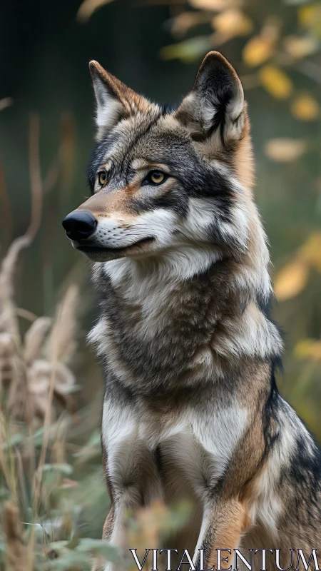 Photorealistic wolf portrait in soft autumn woodland bokeh.