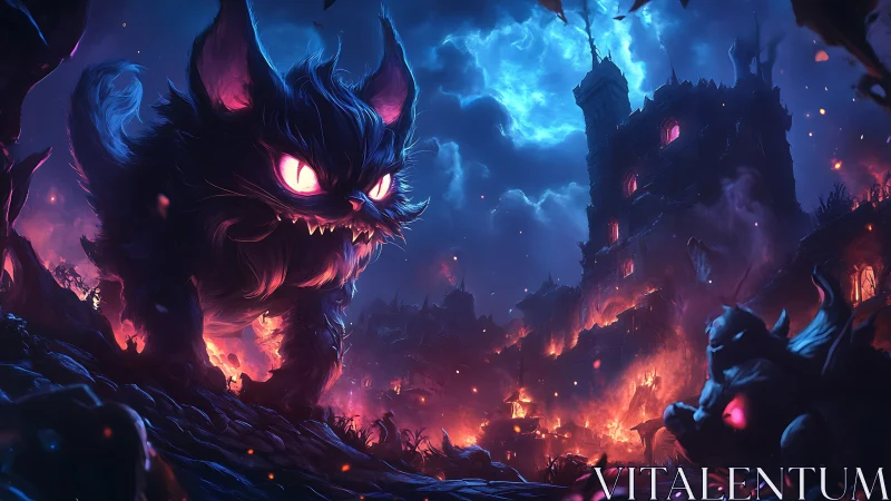 Gigantic demonic cat stalks burning gothic fortress under neon moon
