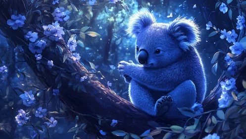 Moonlit koala dreaming quietly among glowing blossoms.