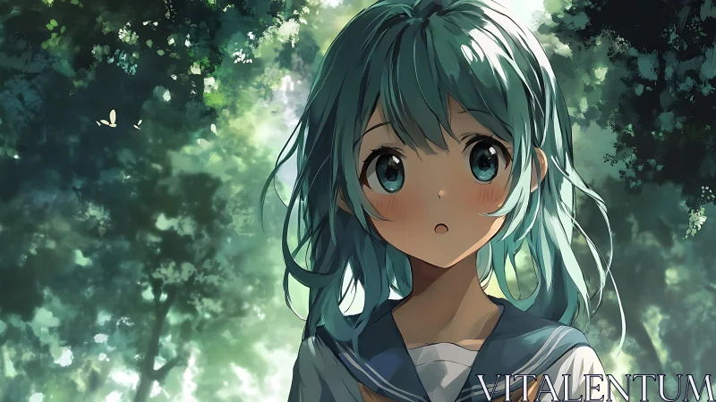 Forest hush catches a teal haired schoolgirl mid‑wonder.