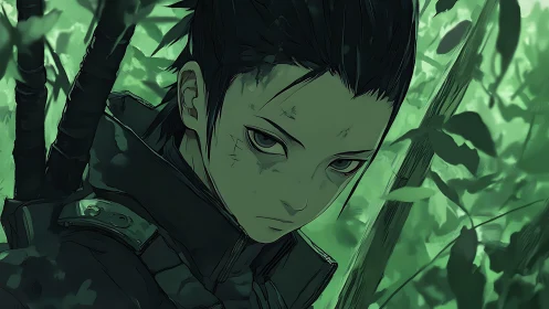 Battle-worn young warrior watches the emerald forest in silence