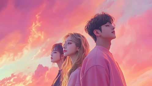 Triadic side-profile portrait under saturated pink gradient sky