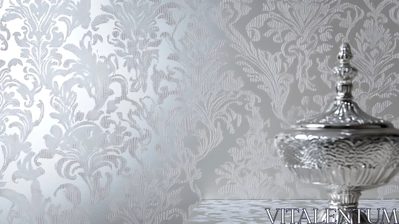 Silver damask wallpaper glows behind ornate lidded vessel