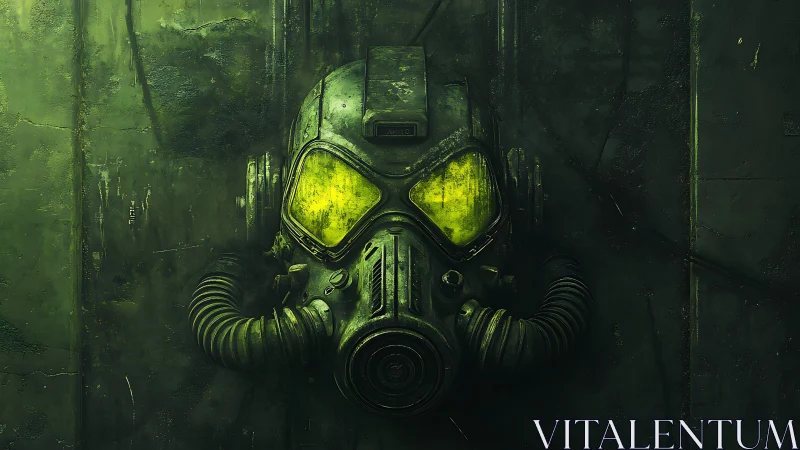 Radioactive sentinel mask glowing in industrial shadowed green.