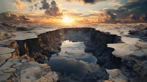 Cracked barren terrain surrounds reflective water-filled sinkhole