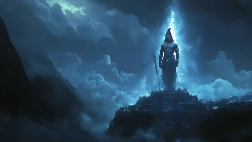 Stormlit mountain deity rising through thundercloud veils.