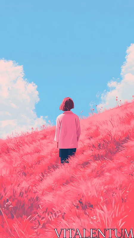Solitary figure on neon meadow beneath vast cyan sky.