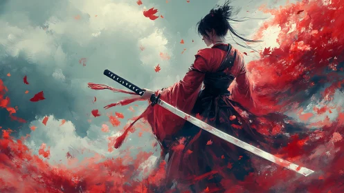 Samurai warrior in red amid swirling crimson leaves.