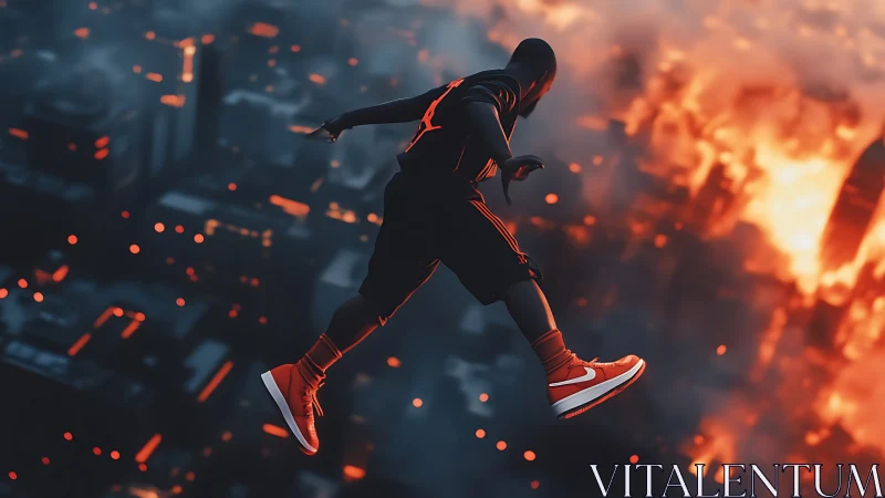 Figure in midair over burning cityscape in low key lighting