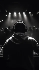 Backlit DJ operating mixer in dark monochrome venue.