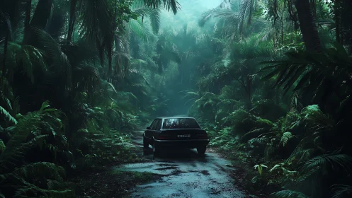 Solitary black sedan cuts through dense emerald rainforest