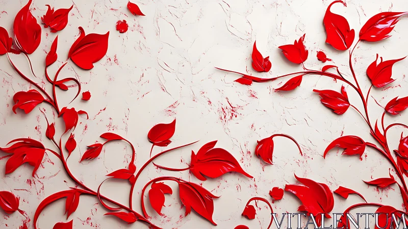 Red sculpted floral vines on textured ivory plaster wall.