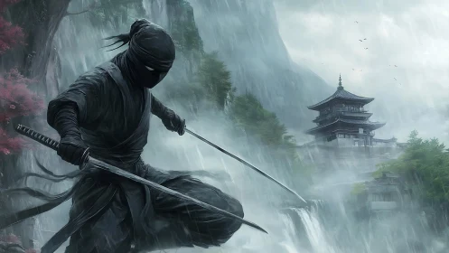 Stealthy ninja warrior poised by misty mountain temple.