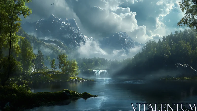 Mountain lake landscape with waterfall and low cloud cover.