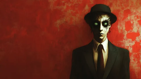 Spectral suited figure with luminescent eyes against scarlet wall.