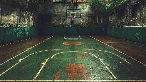 Urban outdoor basketball court with worn green wooden surface.