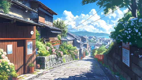 Sunlit coastal slope with traditional wooden townhouses and bay