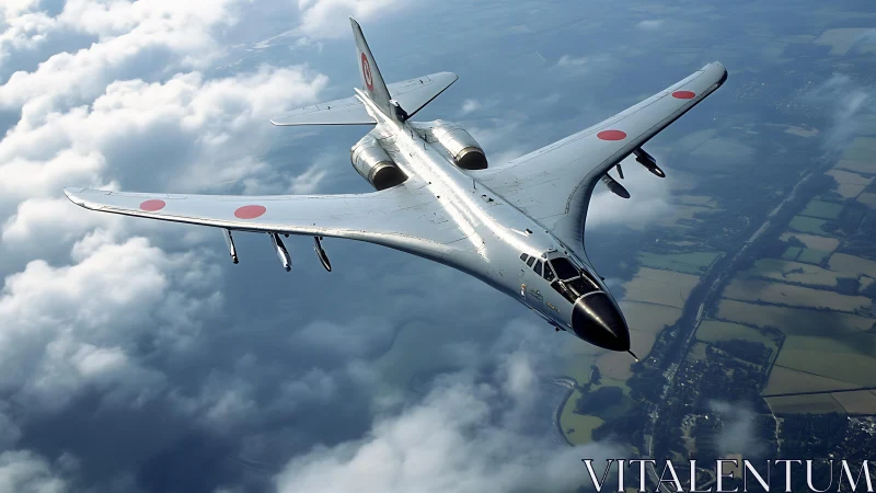 Swept-wing strategic bomber aircraft over layered cloudscape.