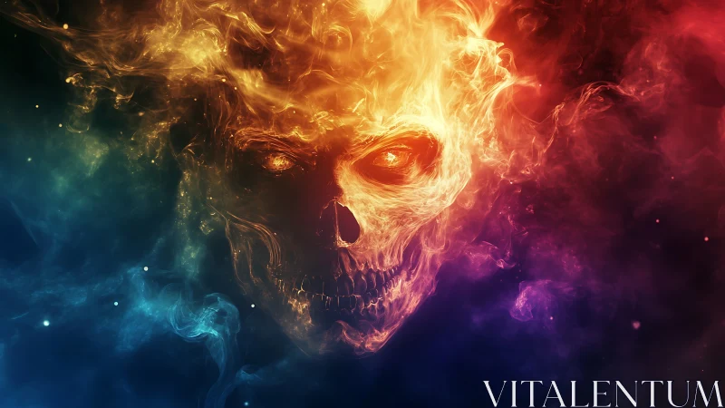 Volumetric flame skull emerges from multicolor nebular smoke field