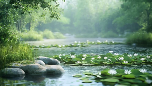 Tranquil lily pond bathed in soft morning forest light.