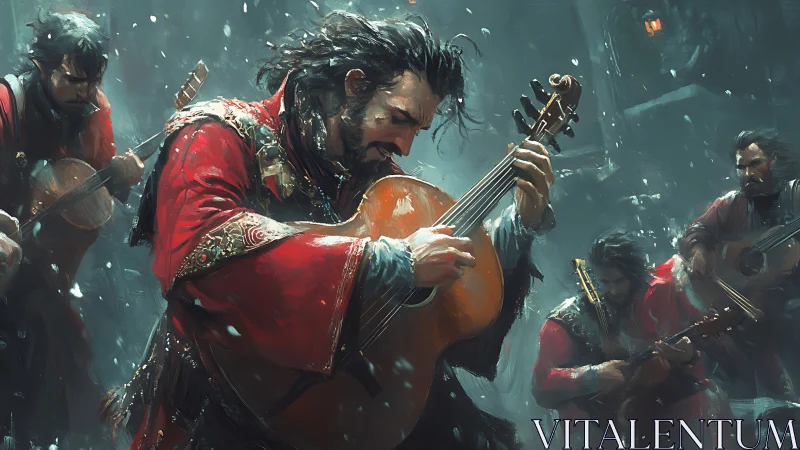 Group of guitarists performs outdoors in cold weather conditions