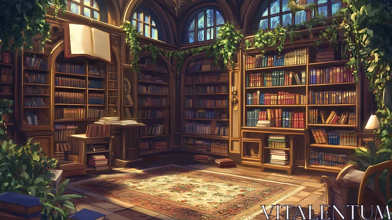 Sunlit library interior with plants and open bookshelves.