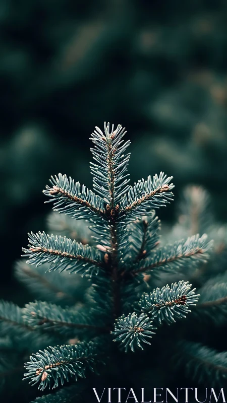 Selective focus isolates blue spruce branch in muted bokeh field