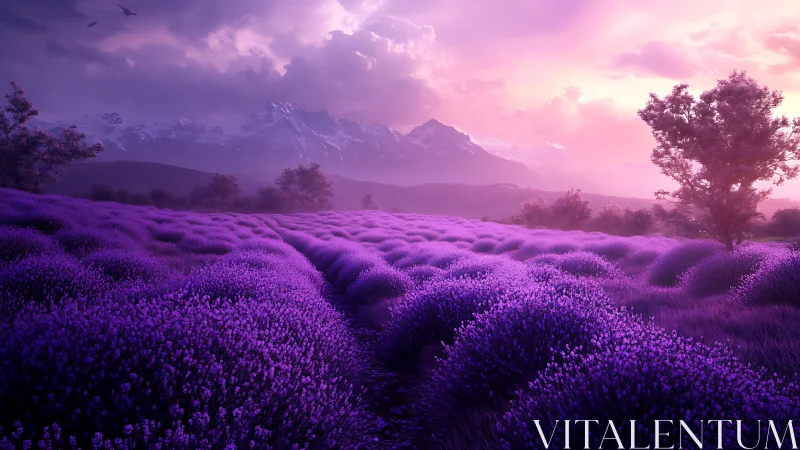 Lavender valley glows under vivid pink alpine sunset sky