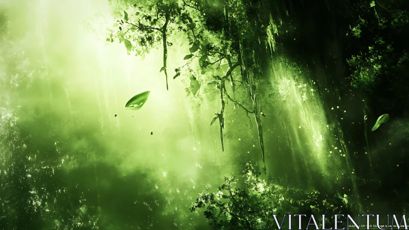 Monochromatic green forest abstraction with suspended leaves and mist