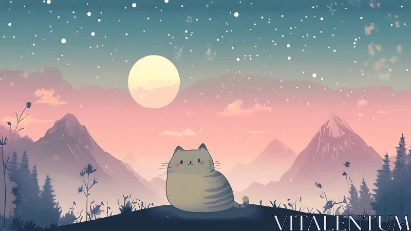 Serene Cat Under Full Moon in Misty Mountain Landscape