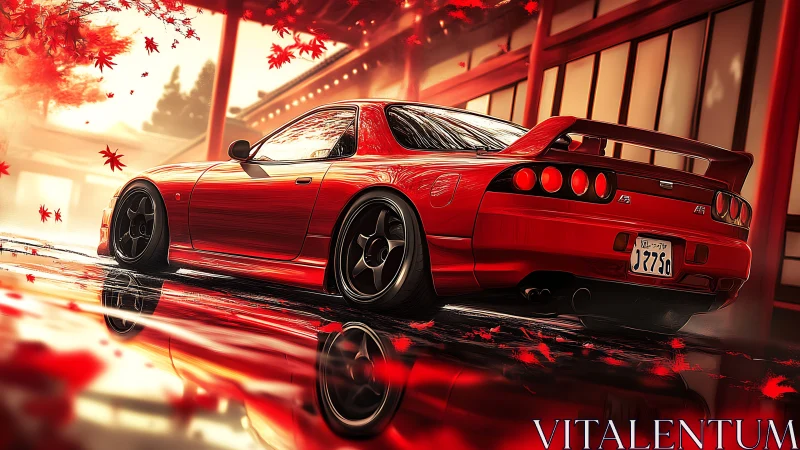 Red tuned coupe under autumn maple leaves in Japan.