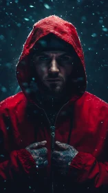 Hooded man in red jacket stares forward under falling snow