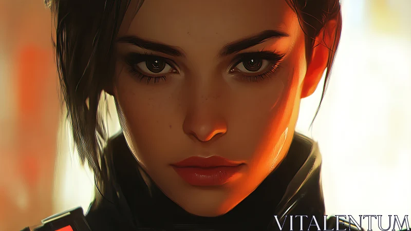 Intense close-up of determined woman in sci-fi armor.