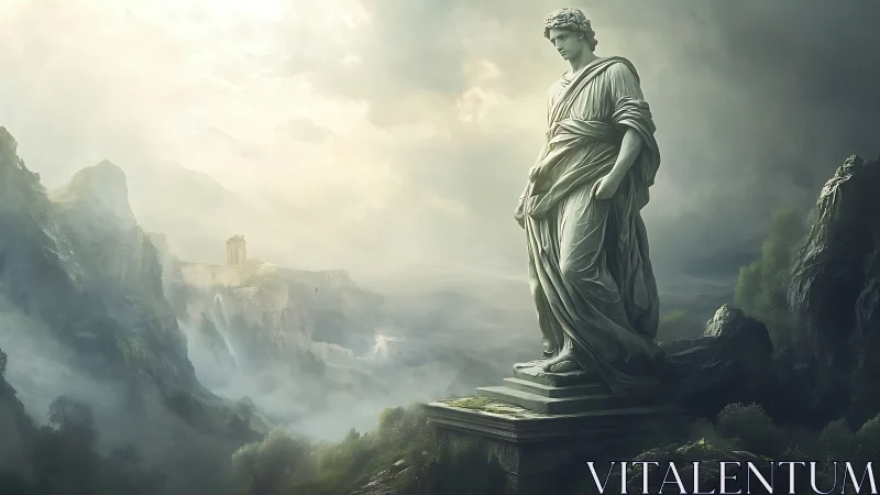 Colossal marble statue overlooking misty ancient valley