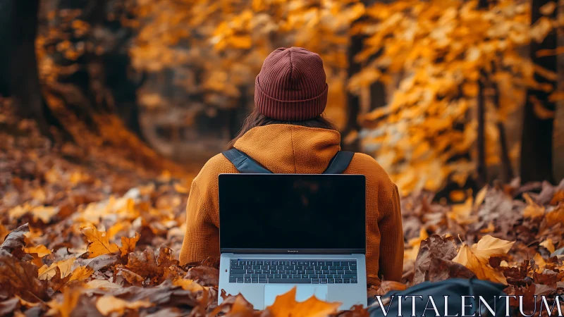 Person with laptop sits in autumn forest among fallen leaves