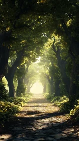 Luminous Tree-Lined Path Through Golden Forest.