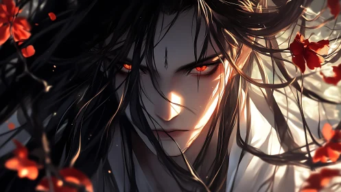 Demonic anime portrait uses dynamic lighting and scarlet gaze