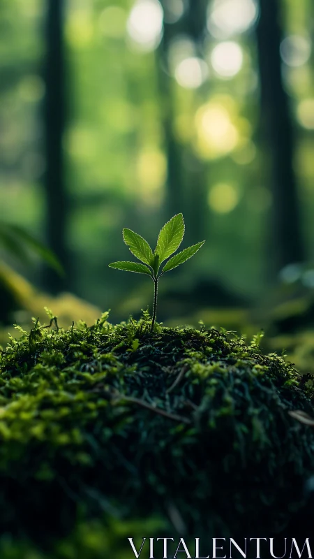 Macro forest seedling on moss with shallow depth of field