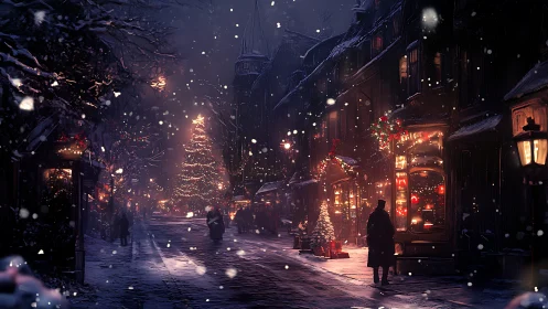 Snowy Victorian street glows under towering Christmas tree