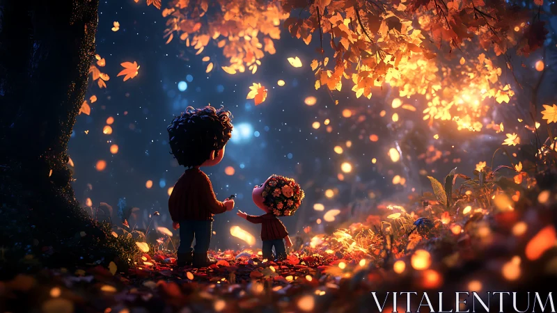 Children Holding Flowers in Magical Autumn Light.