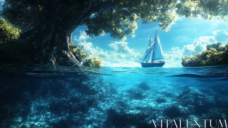 Sailboat beneath emerald canopy above crystalline reef seascape.